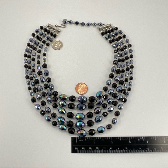 Vtg Black Aurora Borealis Crystal Necklace Vintage 5 Strand Statement Necklace - Picture 7 of 9